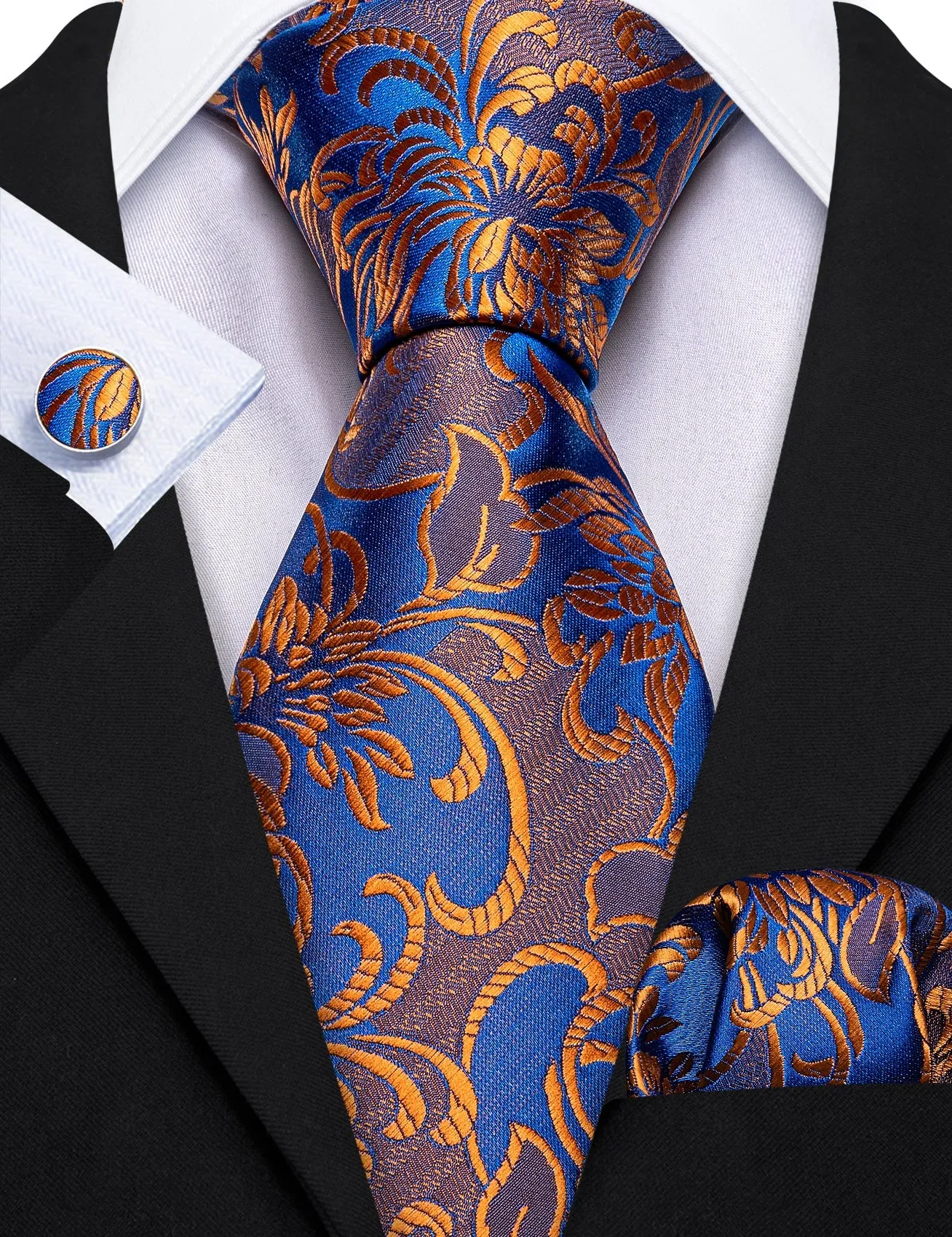 Barry Wang Orange Necktie Blue Floral Silk Men Tie Hanky Cufflinks Set sold by Barrywang product image thumbnail 2