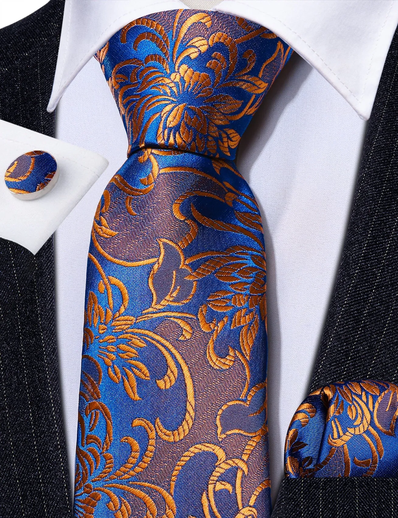 Barry Wang Orange Necktie Blue Floral Silk Men Tie Hanky Cufflinks Set sold by Barrywang product image thumbnail 3
