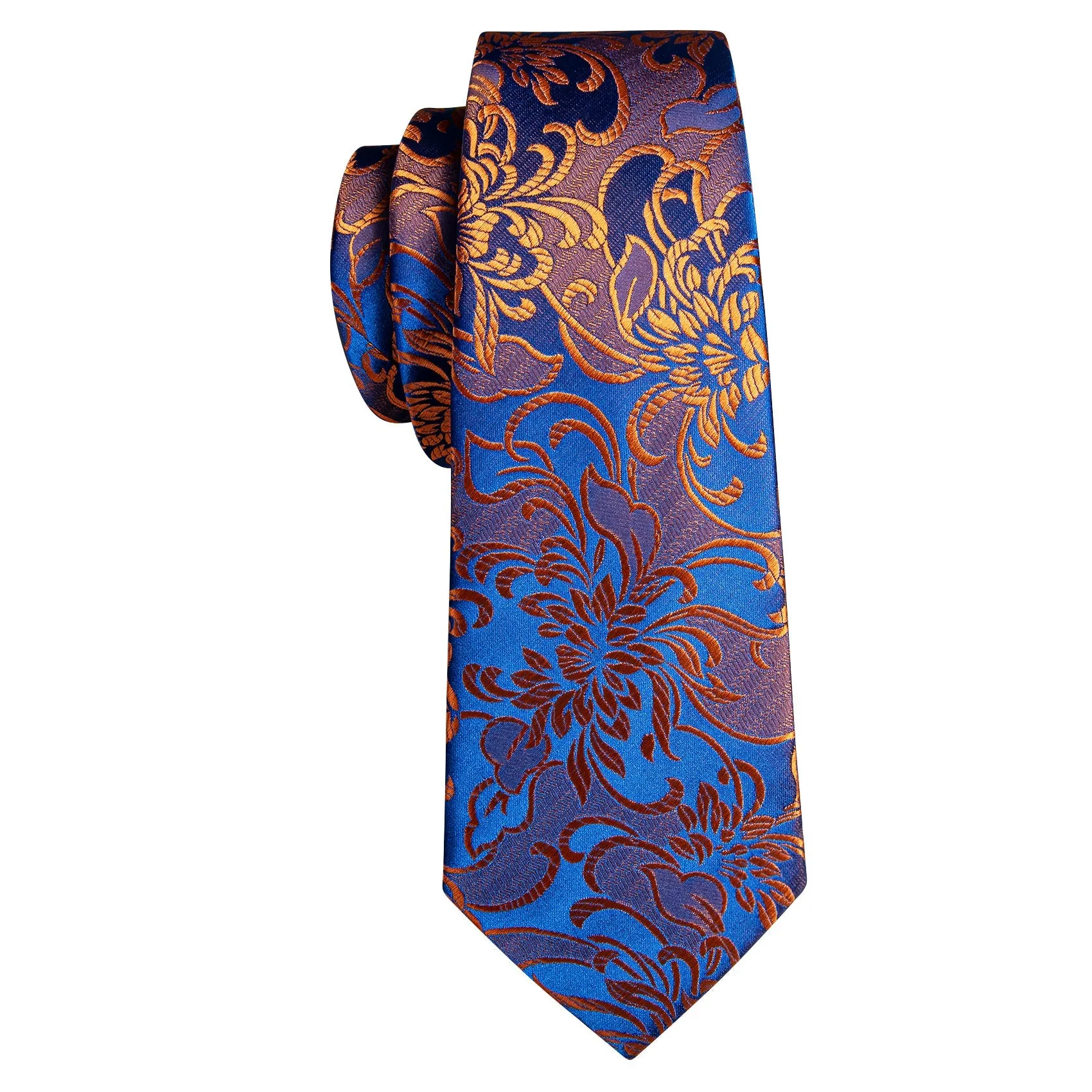 Barry Wang Orange Necktie Blue Floral Silk Men Tie Hanky Cufflinks Set sold by Barrywang product image thumbnail 5