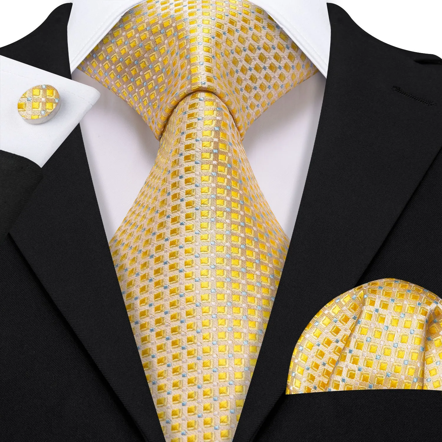 Barry. Wang Novelty Gold Plaid Silk Necktie Handkerchief Cufflinks Set sold by Barrywang product image thumbnail 2