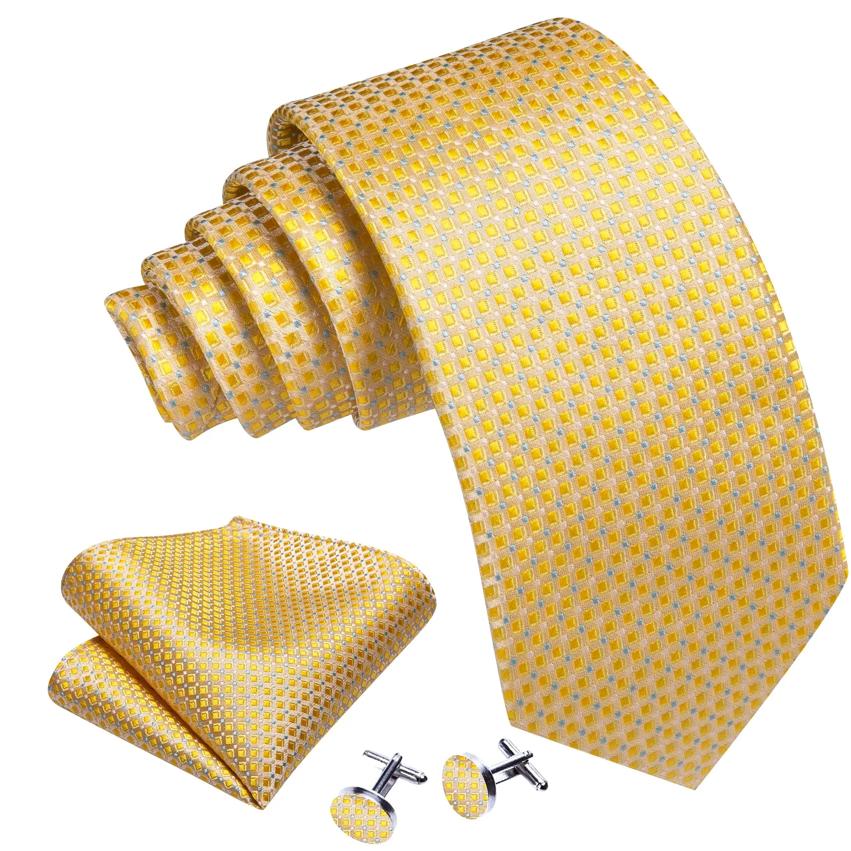 Barry. Wang Novelty Gold Plaid Silk Necktie Handkerchief Cufflinks Set sold by Barrywang product image thumbnail 3