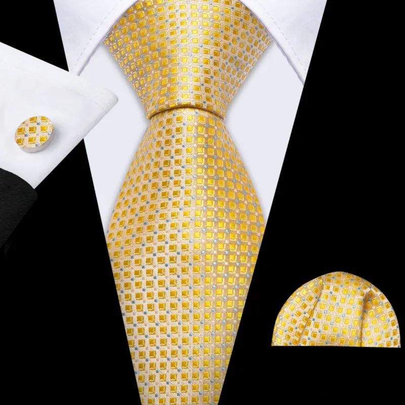 Barry Wang Novelty Gold Plaid Silk Necktie Handkerchief Cufflinks Set sold by Barrywang