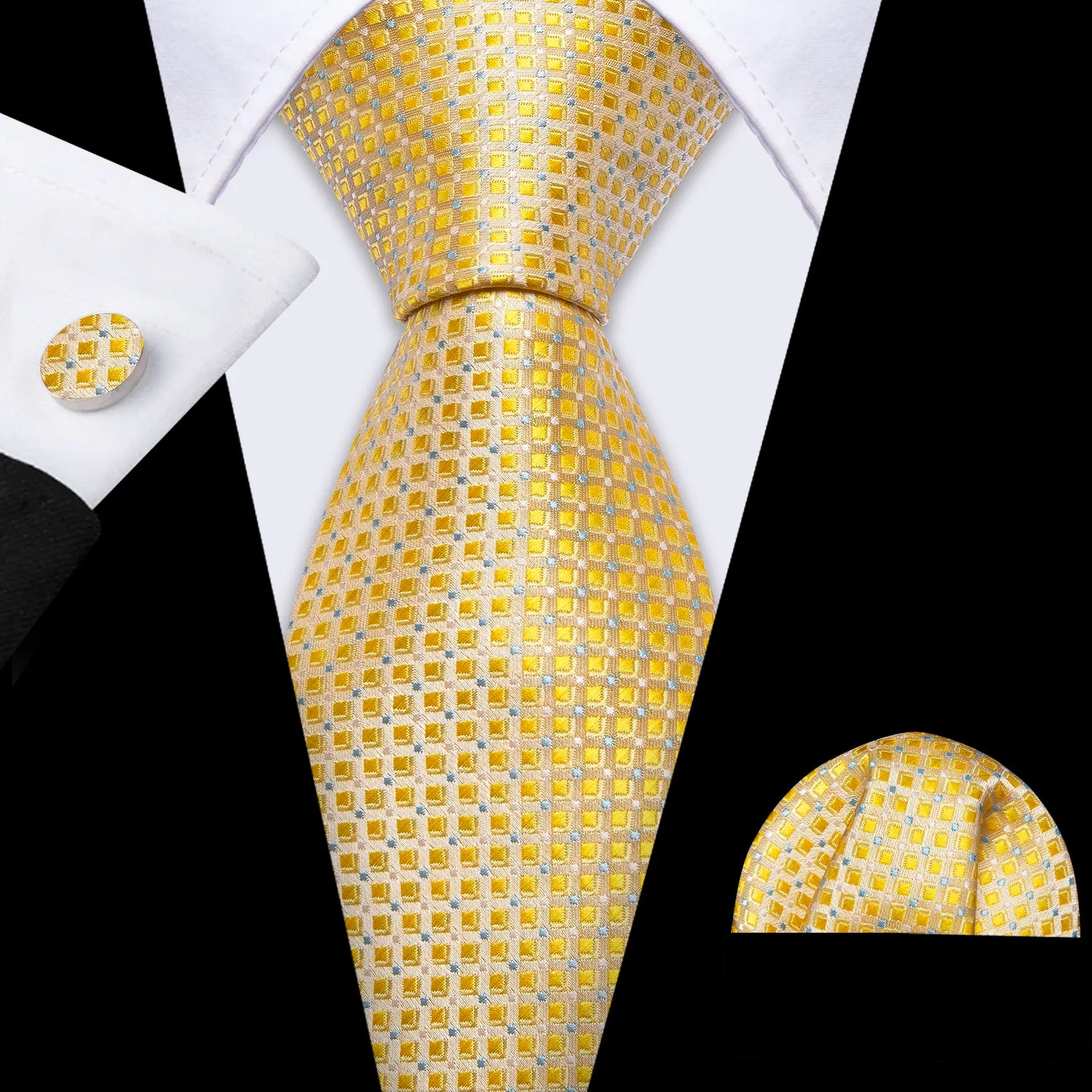 Barry. Wang Novelty Gold Plaid Silk Necktie Handkerchief Cufflinks Set sold by Barrywang
