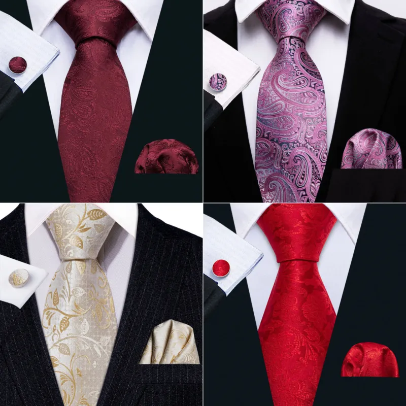 Barry. Wang 4pcs Men Red Purple Paisley Silk Tie Pocket Square Cufflink Set sold by Barrywang