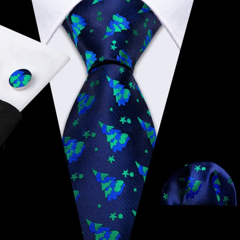 Barry Wang Tie Blue Green Christmas Tree Men's Necktie Set sold by Barrywang
