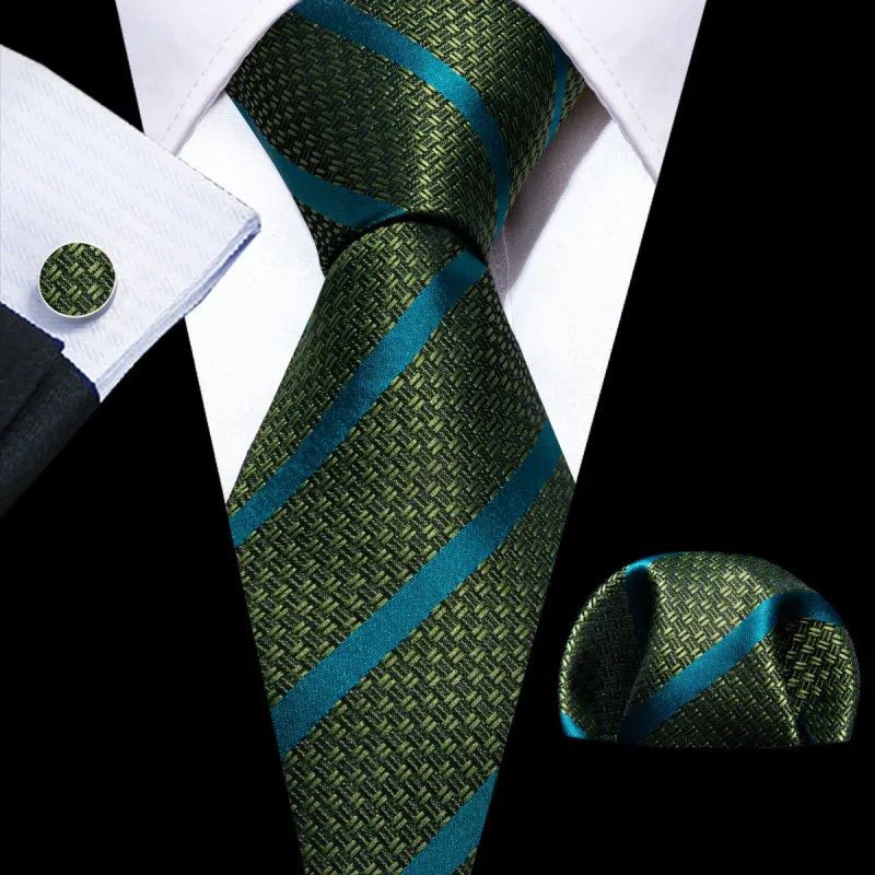 Barry Wang Green Tie Teal Stripes Silk Tie Handkerchief Cufflinks Set sold by Barrywang