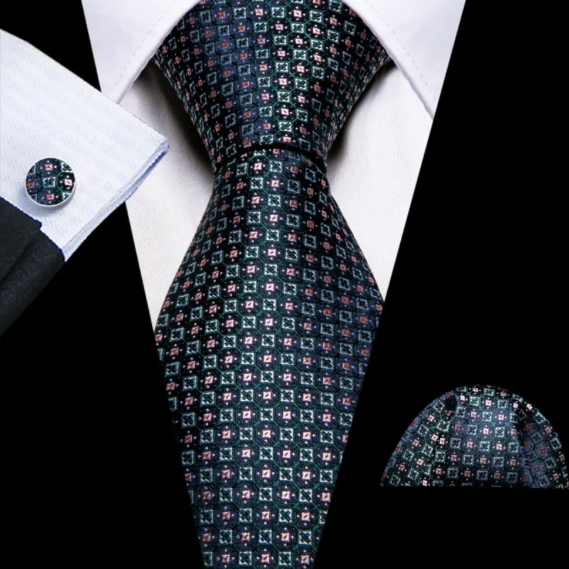 Barry Wang Blue Green Plaid Silk Necktie Pocket Square Cufflinks Set sold by Barrywang