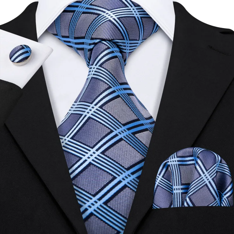 Barry. Wang Grey Blue Plaid Silk Men's Tie Pocket Square Cufflinks Set sold by Barrywang
