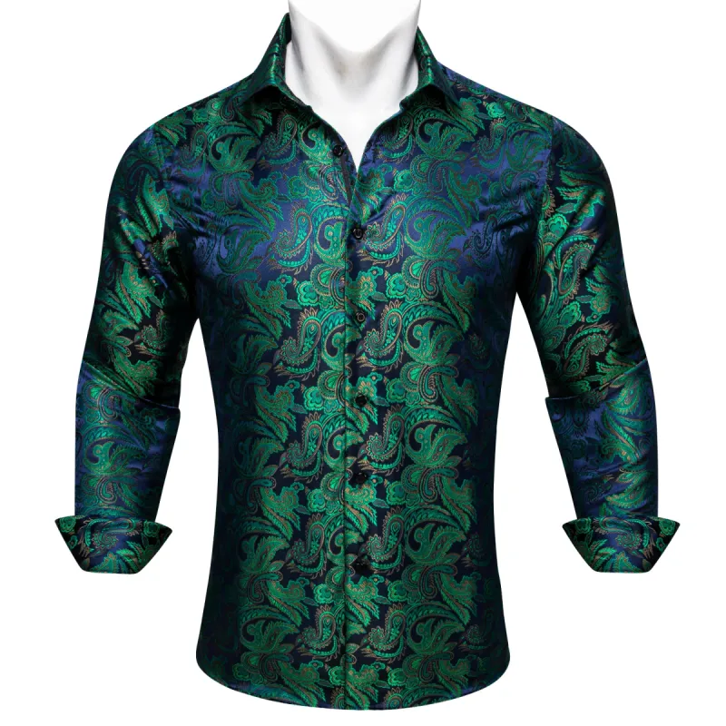 Barry Wang Dress Up Shirts for Guys Dark Green Blue Paisley Shirt sold by Barrywang
