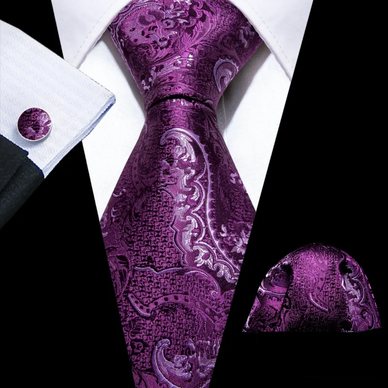 Barry Wang Luxury Purple Paisley Silk Tie Handkerchief Cufflinks Set sold by Barrywang