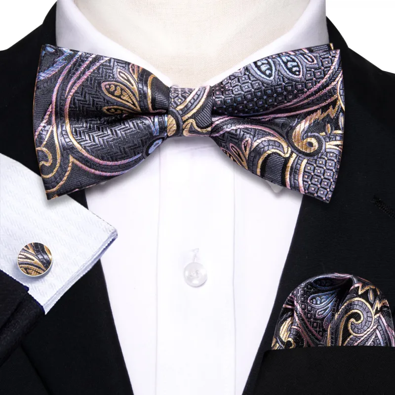 Barry Wang Black Pink Paisley Pre-tied Bow Tie Hanky Cufflinks Set sold by Barrywang