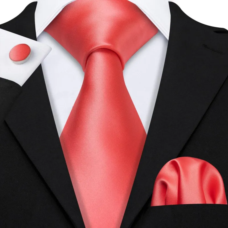Barry Wang Orange Red Solid Coral Mens Tie Pocket Square Cufflinks Set sold by Barrywang