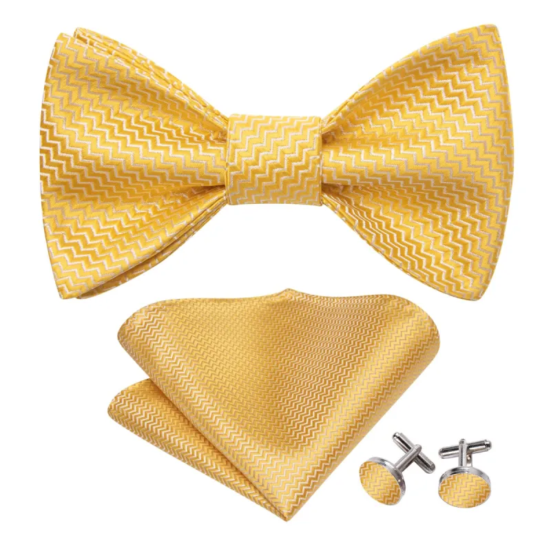 Barry Wang Yellow Geometric Silk Bow Tie Hanky Cufflinks Set sold by Barrywang