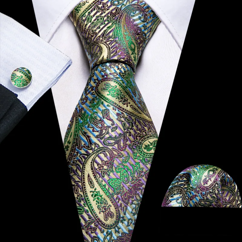 Barry Wang Colorful Green Paisley Silk Tie Pocket Square Cufflinks Set sold by Barrywang