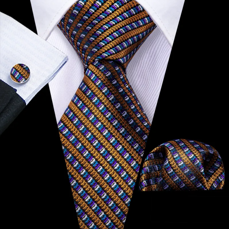 Barry Wang Gold Purple Novelty Striped Silk Tie Hanky Cufflinks Set sold by Barrywang