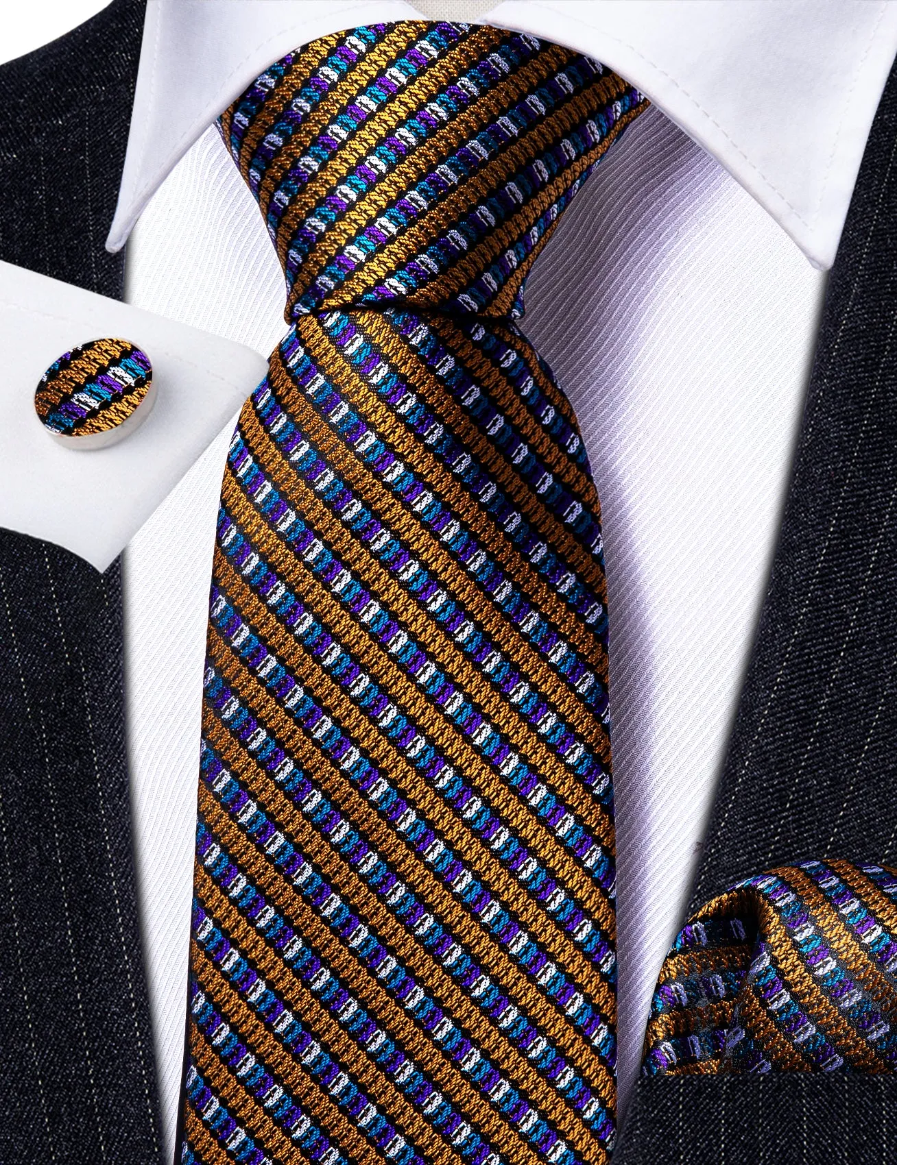 Barry Wang Gold Purple Novelty Striped Silk Tie Hanky Cufflinks Set sold by Barrywang product image thumbnail 4
