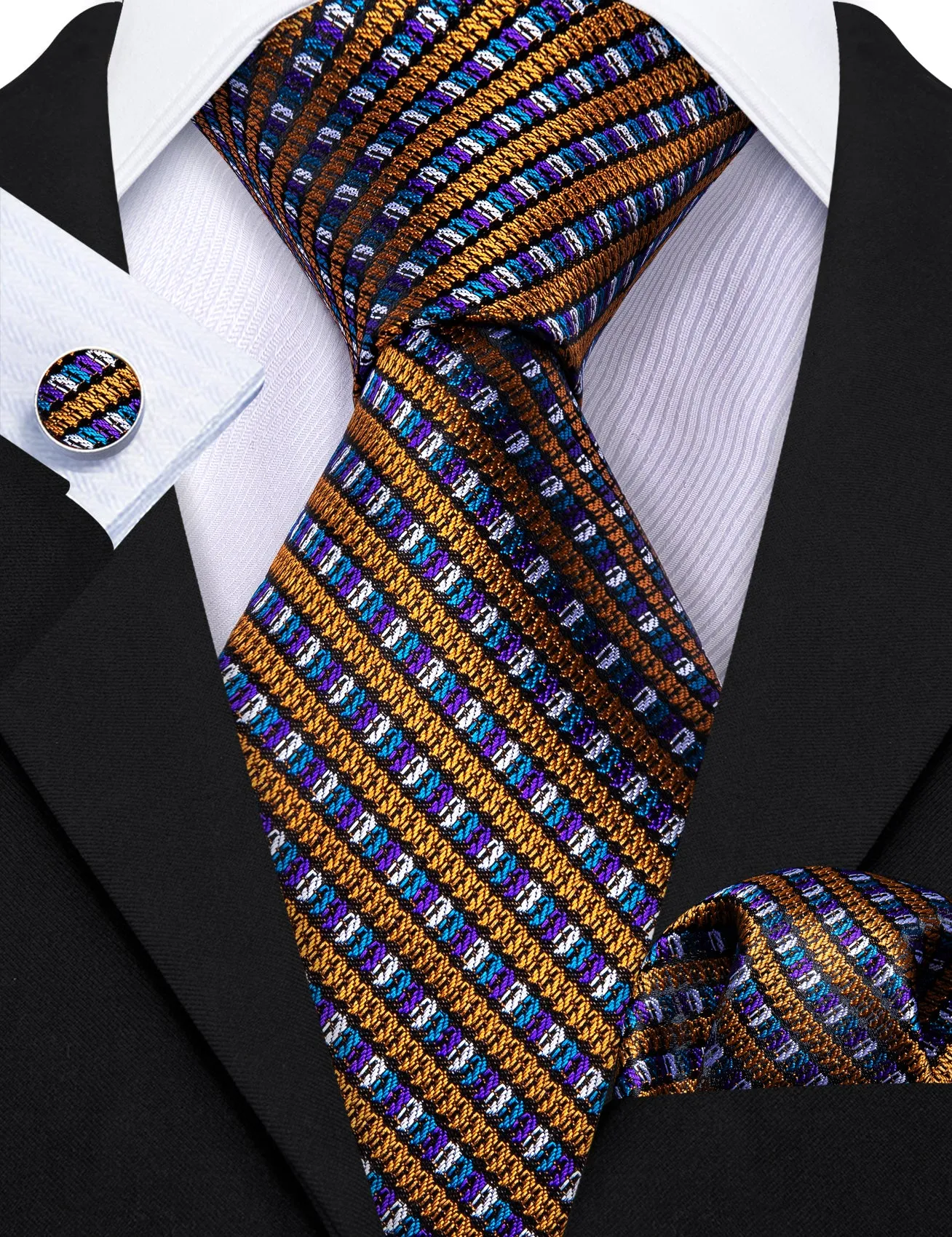Barry Wang Gold Purple Novelty Striped Silk Tie Hanky Cufflinks Set sold by Barrywang product image thumbnail 3