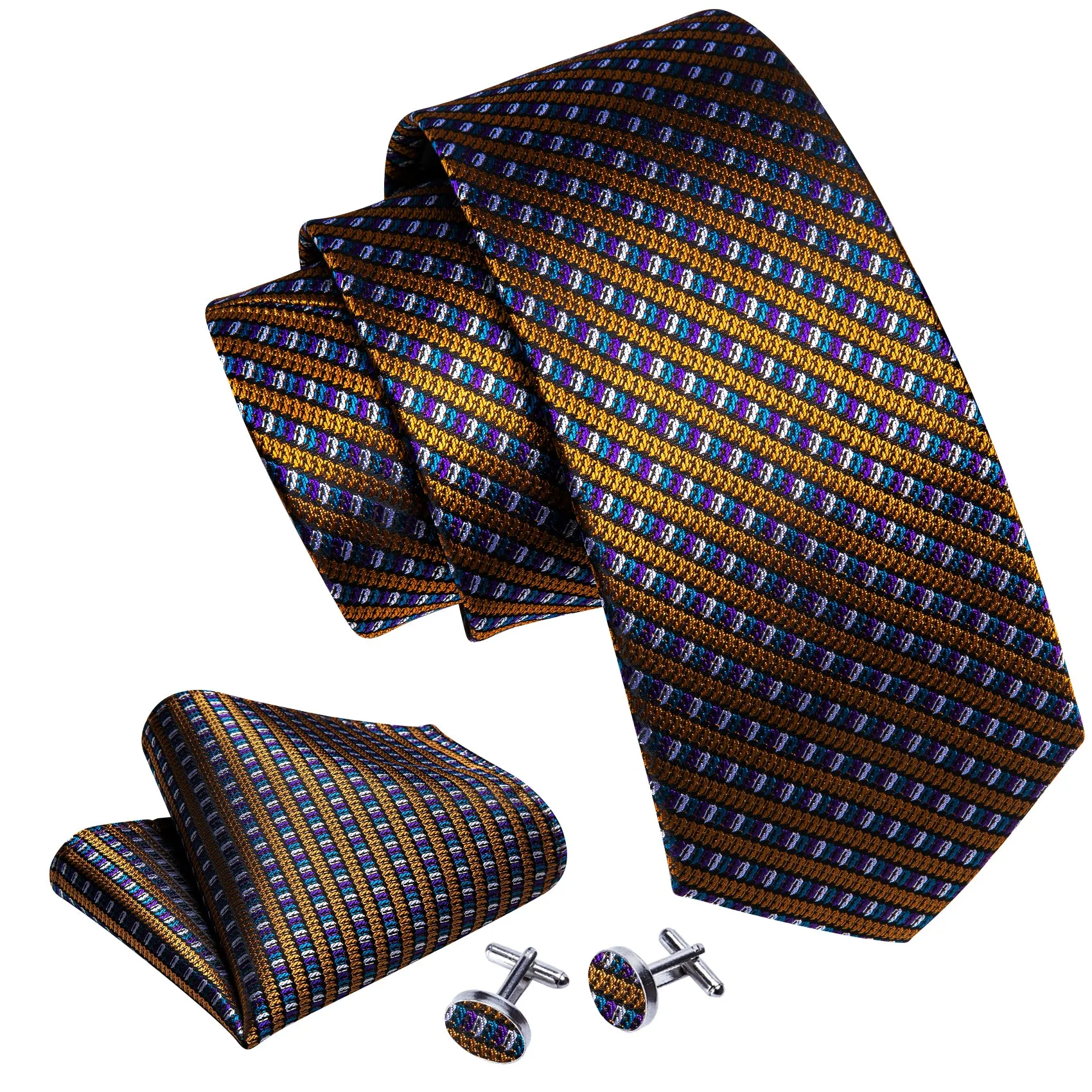 Barry Wang Gold Purple Novelty Striped Silk Tie Hanky Cufflinks Set sold by Barrywang product image thumbnail 5