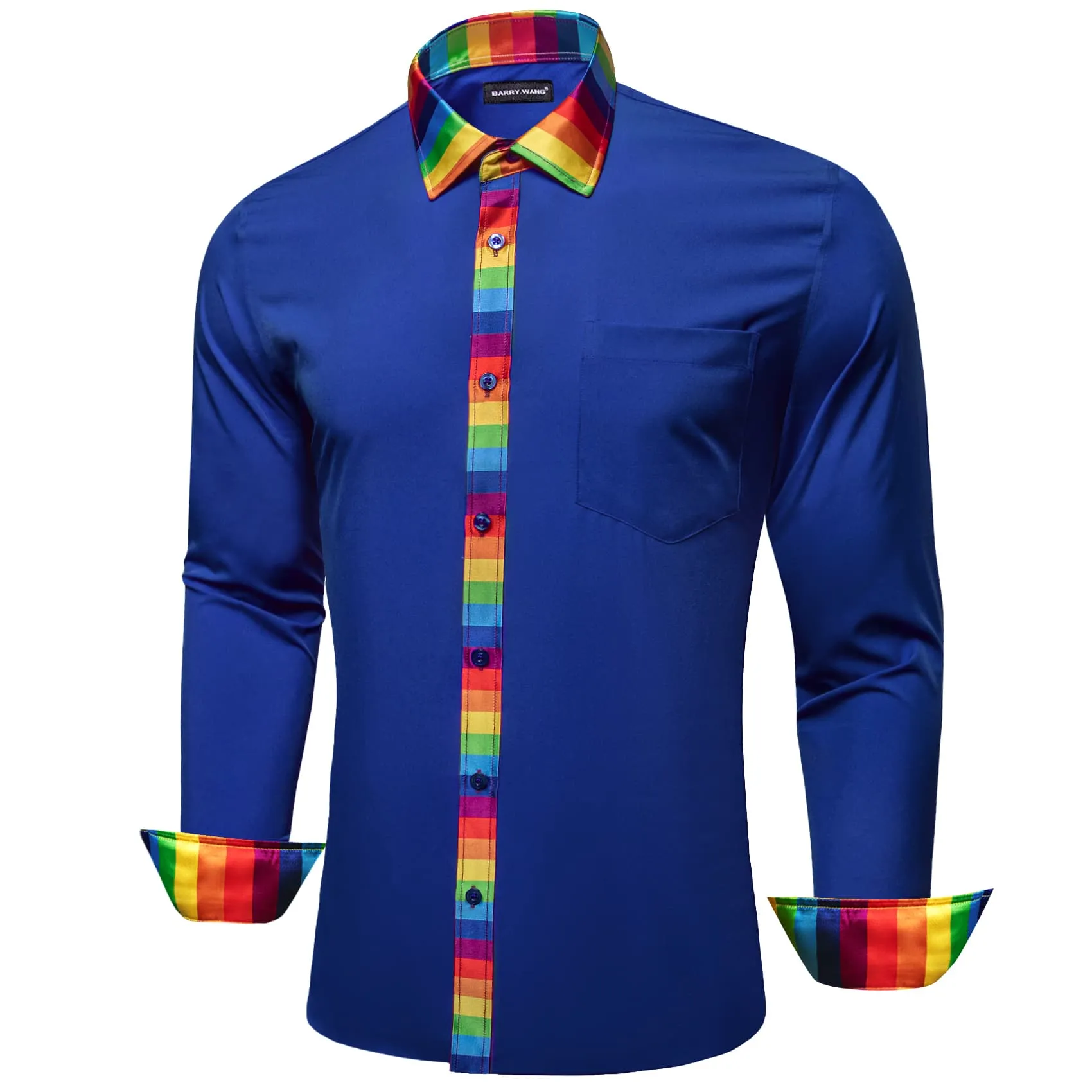 Barry Wang Blue Silk Shirt Splicing Rainbow Color Collar Cuff Shirt sold by Barrywang product image thumbnail 5