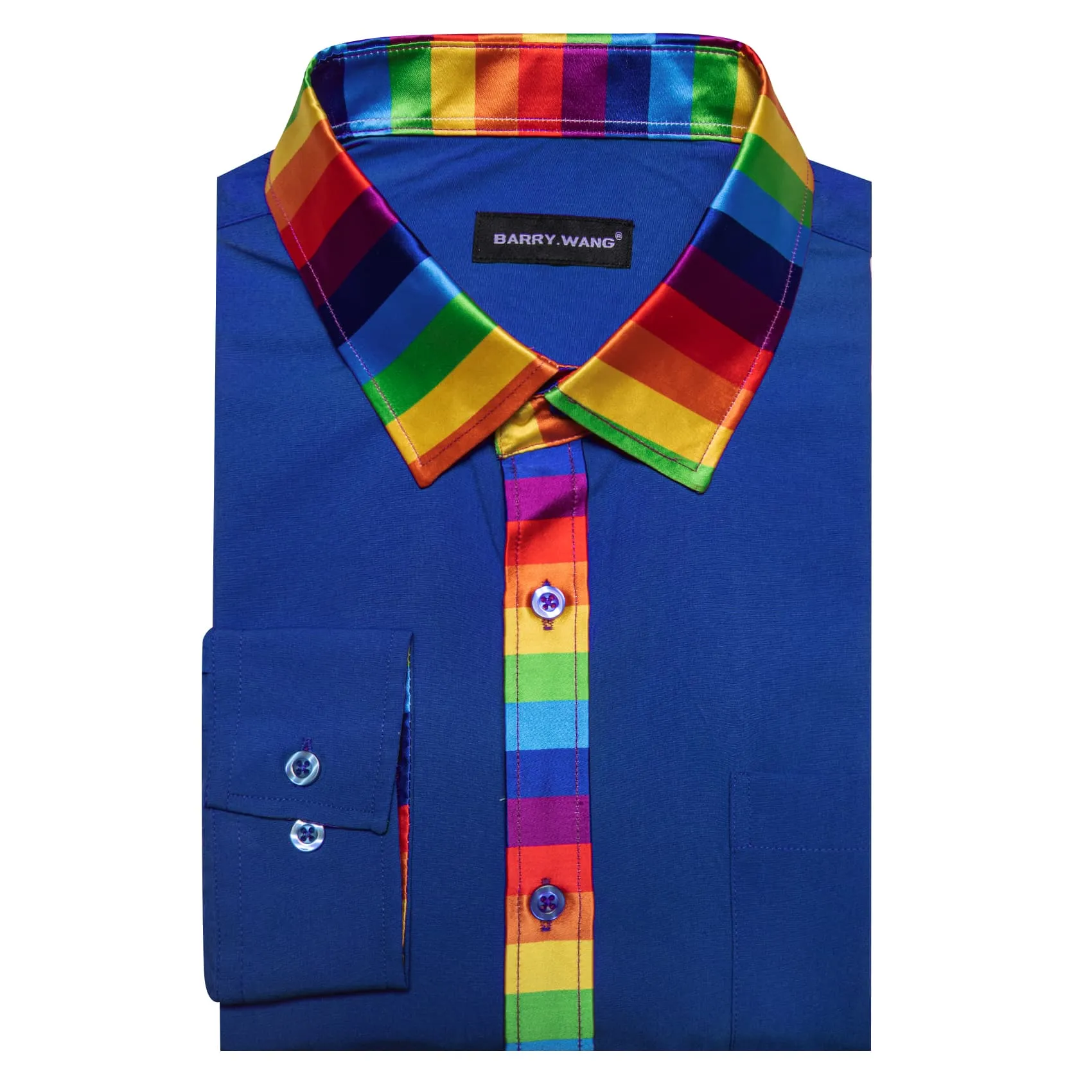 Barry Wang Blue Silk Shirt Splicing Rainbow Color Collar Cuff Shirt sold by Barrywang product image thumbnail 3