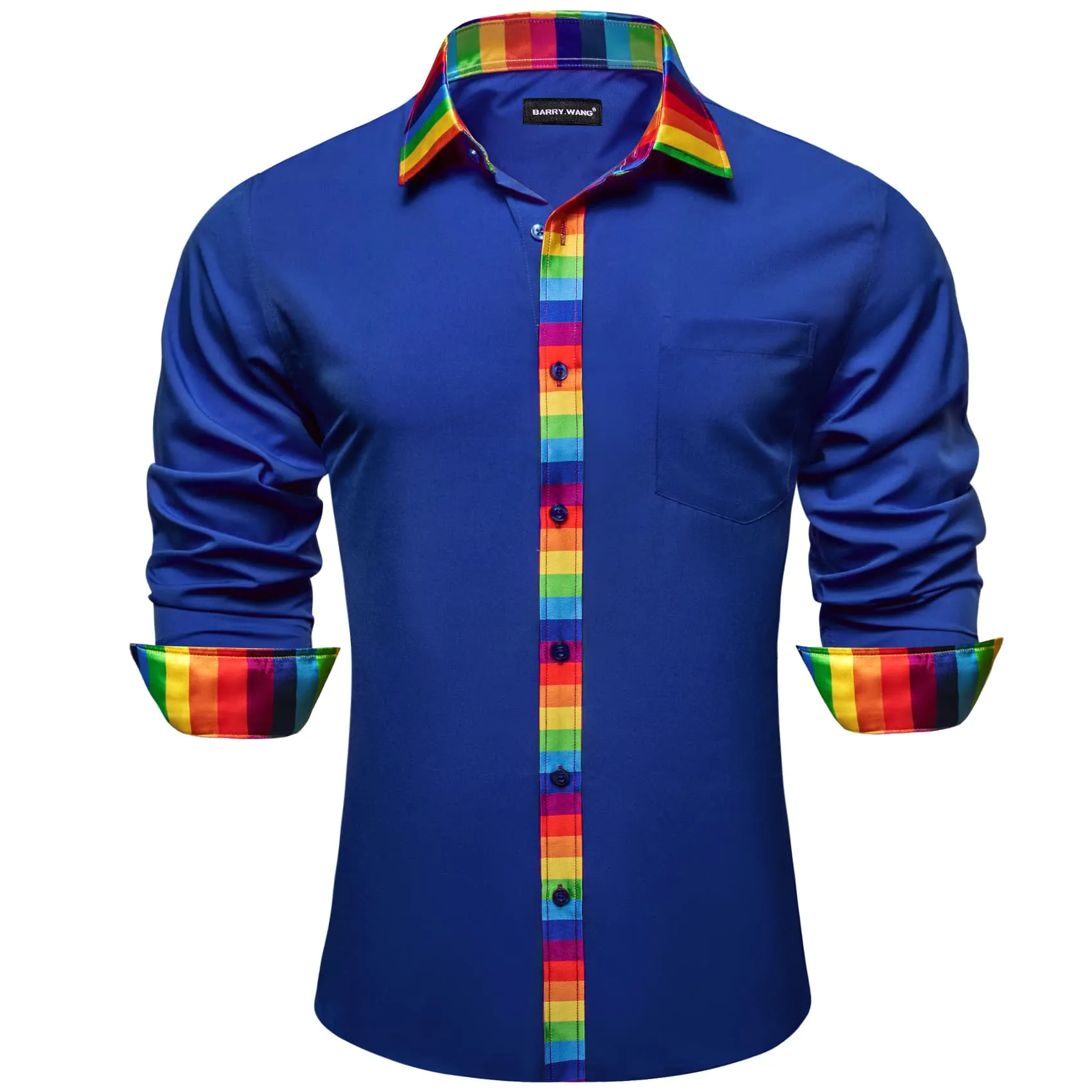 Barry Wang Blue Silk Shirt Splicing Rainbow Color Collar Cuff Shirt sold by Barrywang