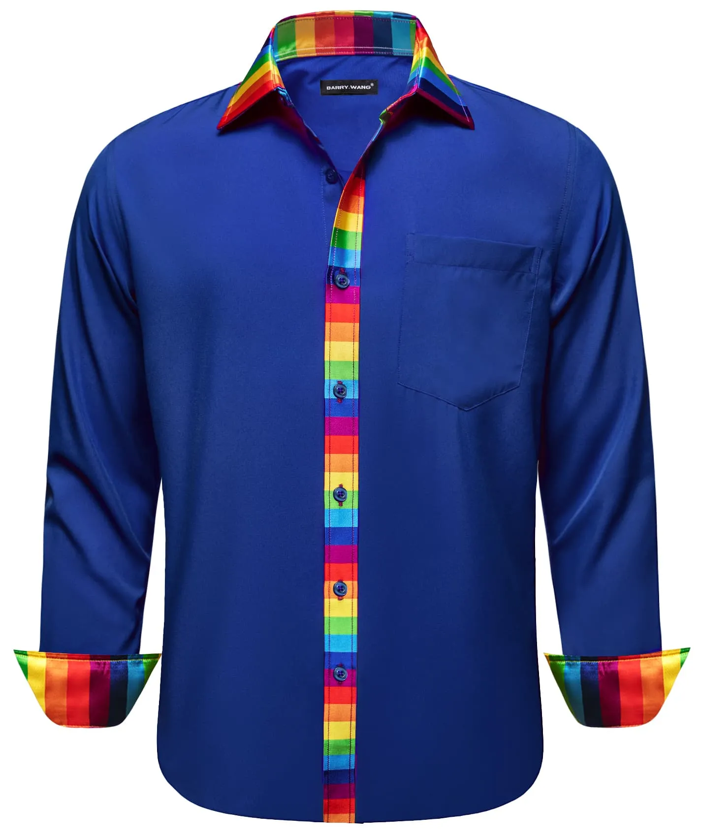 Barry Wang Blue Silk Shirt Splicing Rainbow Color Collar Cuff Shirt sold by Barrywang product image thumbnail 2