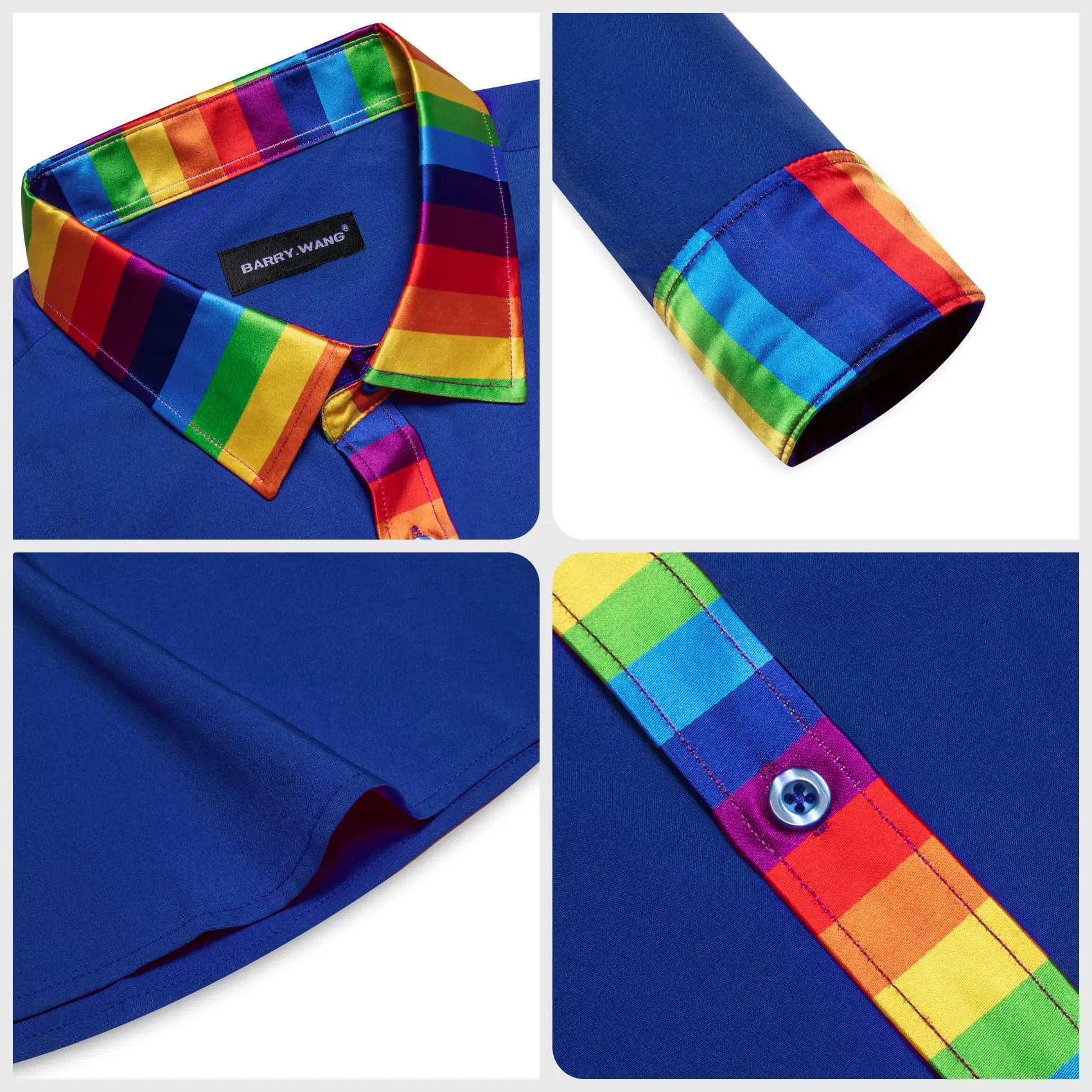Barry Wang Blue Silk Shirt Splicing Rainbow Color Collar Cuff Shirt sold by Barrywang product image thumbnail 4