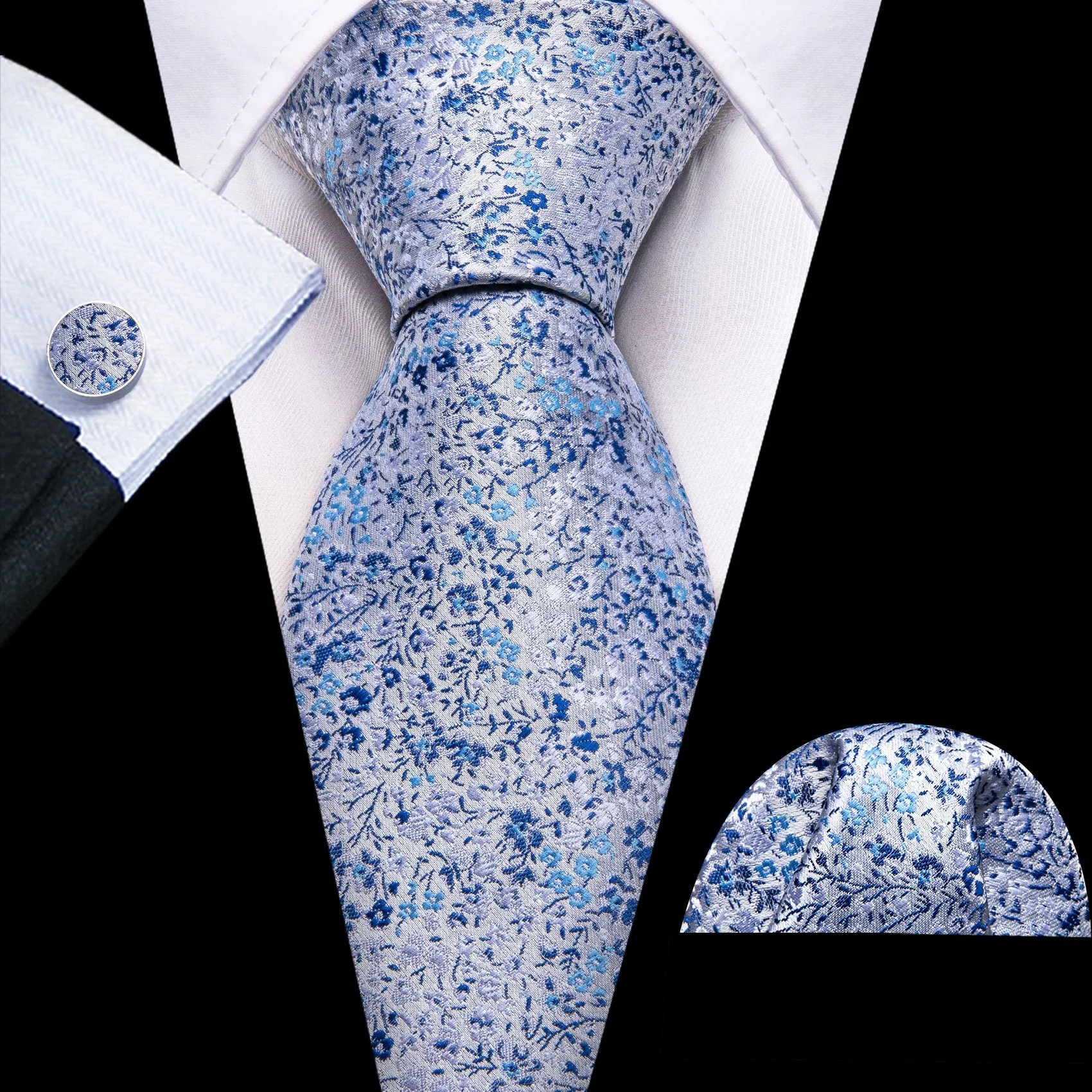 Barry Wang Light Blue Floral Silk Necktie Pocket Square Cufflinks Set sold by Barrywang