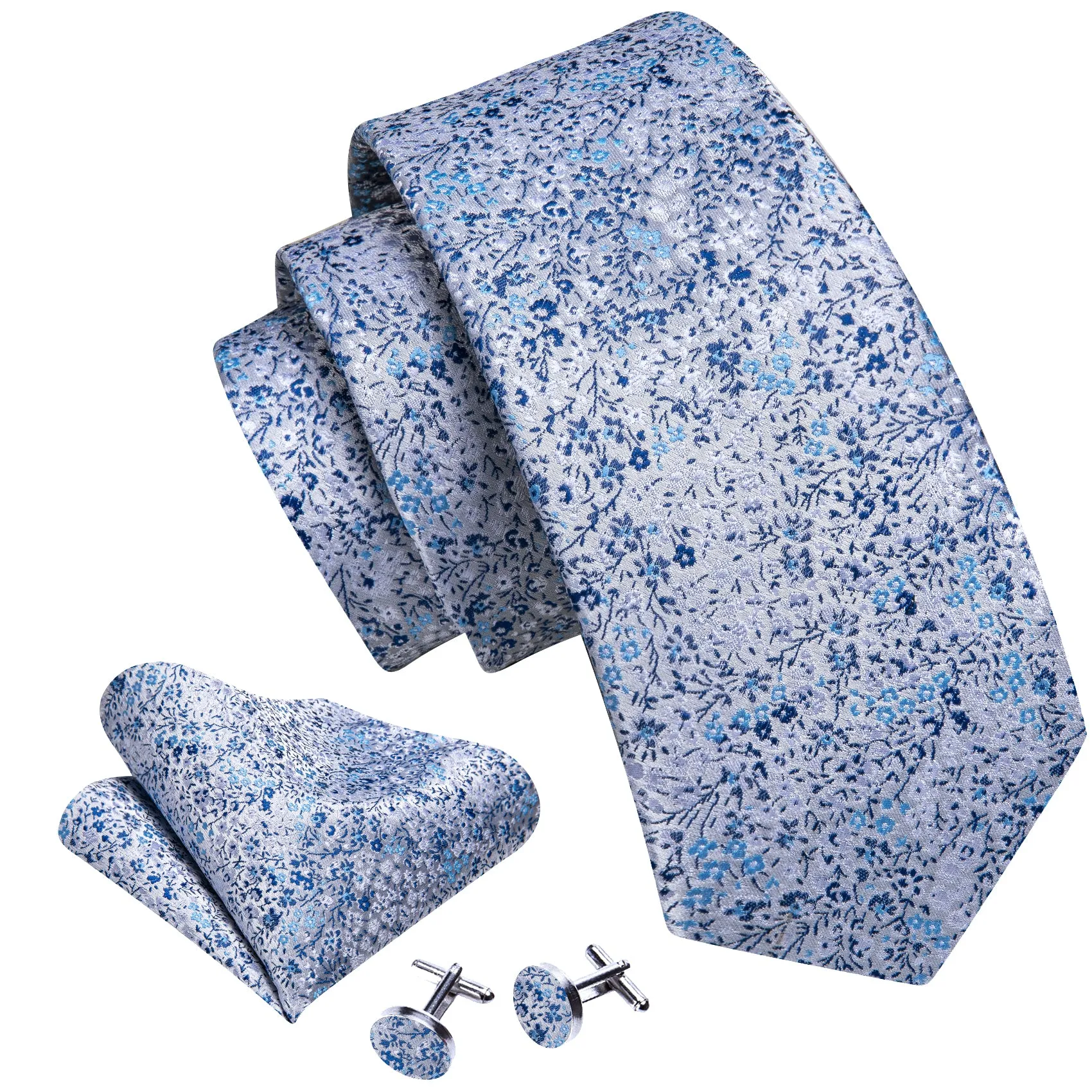 Barry Wang Light Blue Floral Silk Necktie Pocket Square Cufflinks Set sold by Barrywang product image thumbnail 2