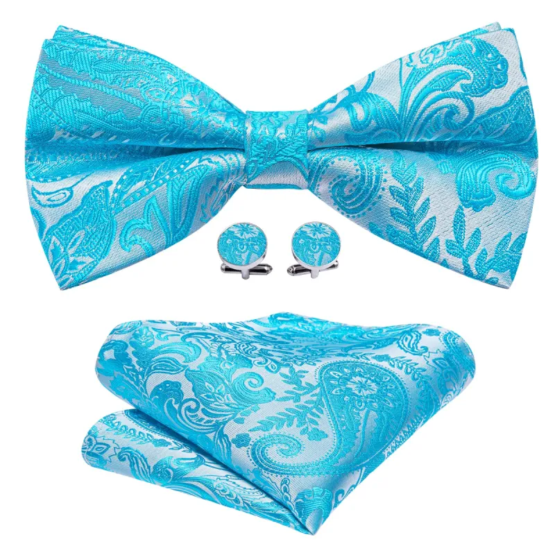 Barry Wang Blue Silver Paisley Pre-tied Bow Tie Hanky Cufflinks Set sold by Barrywang