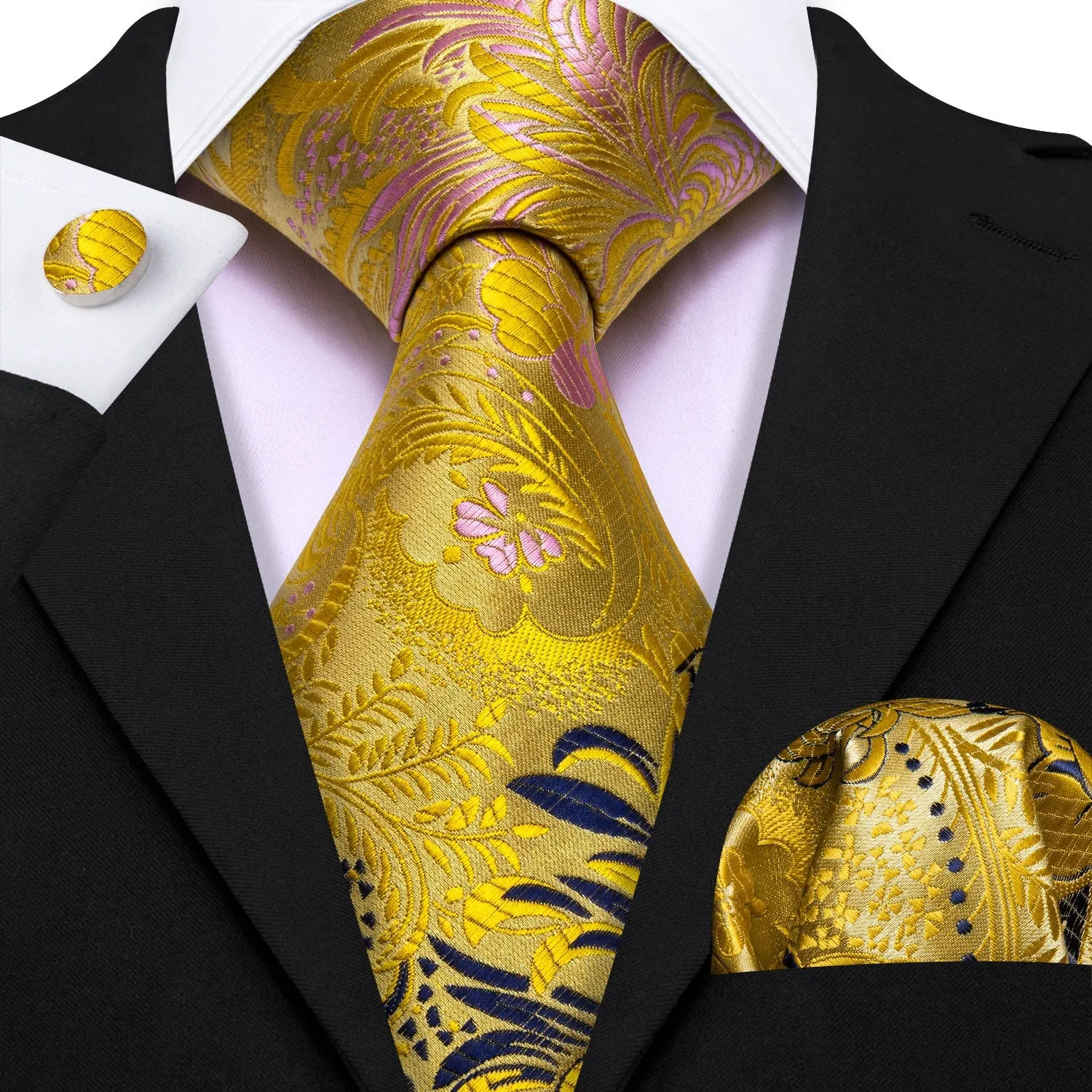 Barry Wang Gold Ties Black Blue Floral Jacquard Silk Wedding Tie Set sold by Barrywang product image thumbnail 2