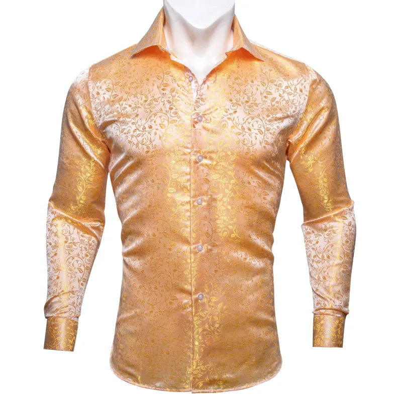 Barry Wang Light Orange Leaves Floral Silk Long Sleeve Shirt for Men sold by Barrywang