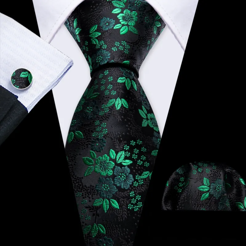 Barry Wang Green Black Floral Silk Tie Pocket Square Cufflinks Set sold by Barrywang