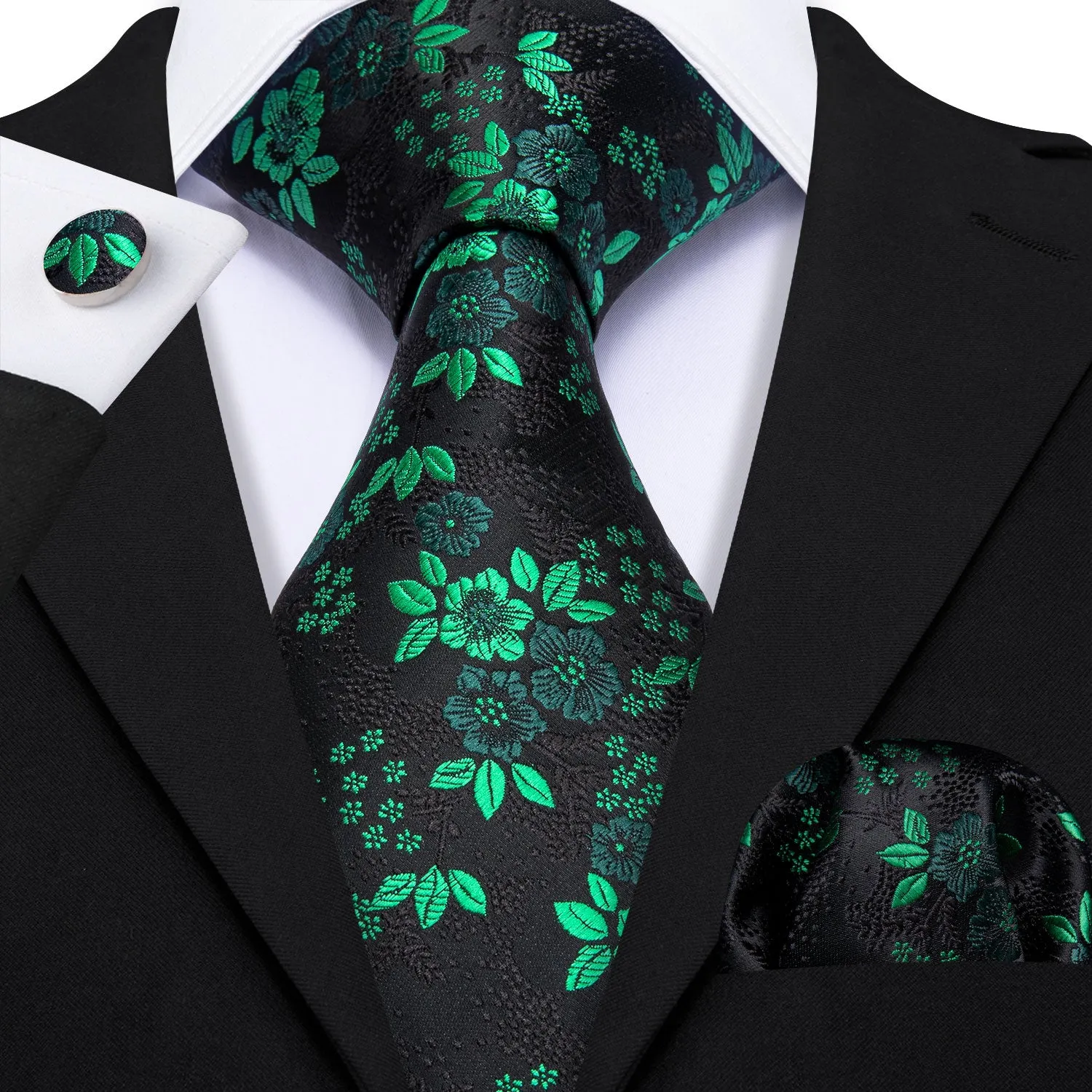Barry Wang Green Black Floral Silk Tie Pocket Square Cufflinks Set sold by Barrywang product image thumbnail 2