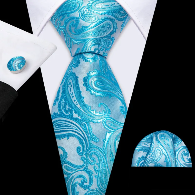 Barry Wang Pale Blue Silver Paisley Silk Tie Handkerchief Cufflink Set sold by Barrywang