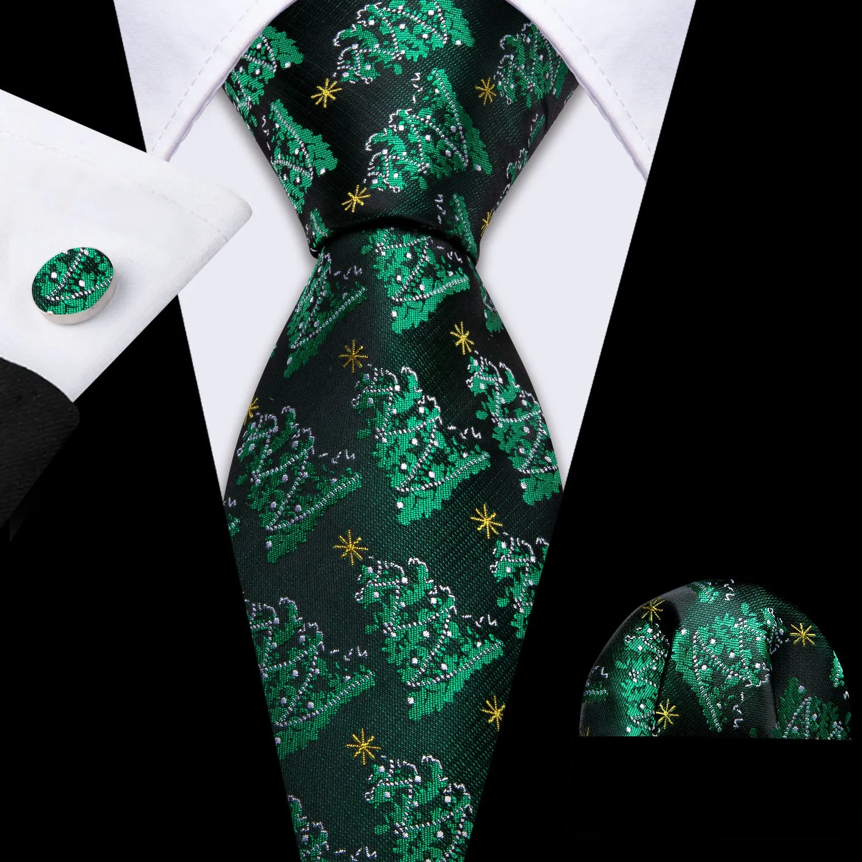 Barry Wang Christmas Tree Green Floral Silk Tie Handkerchief Cufflinks Set sold by Barrywang