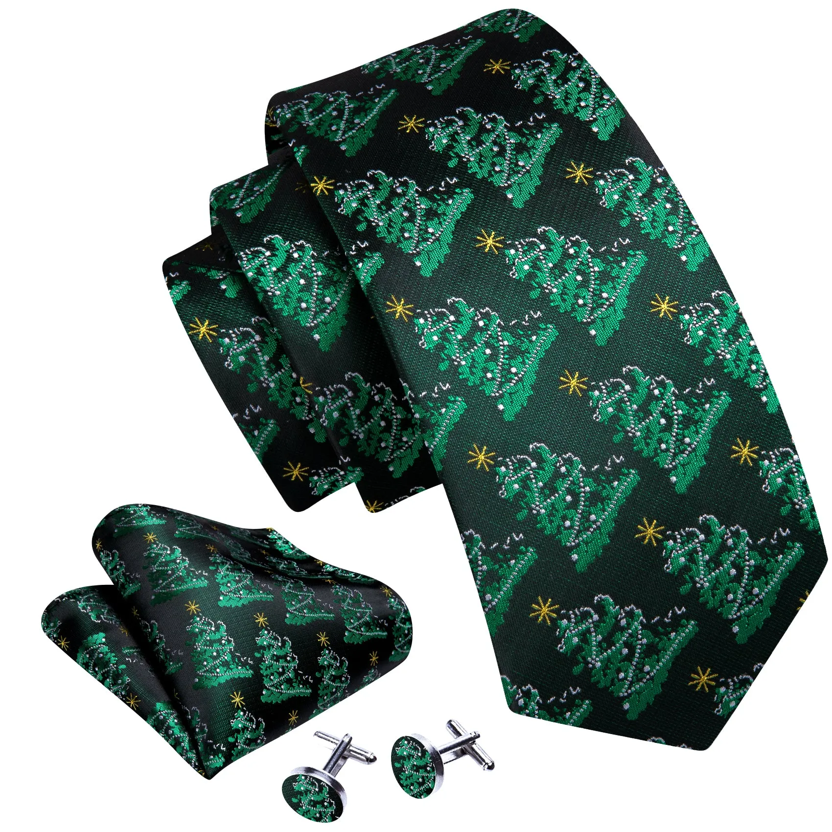 Barry Wang Christmas Tree Green Floral Silk Tie Handkerchief Cufflinks Set sold by Barrywang product image thumbnail 2