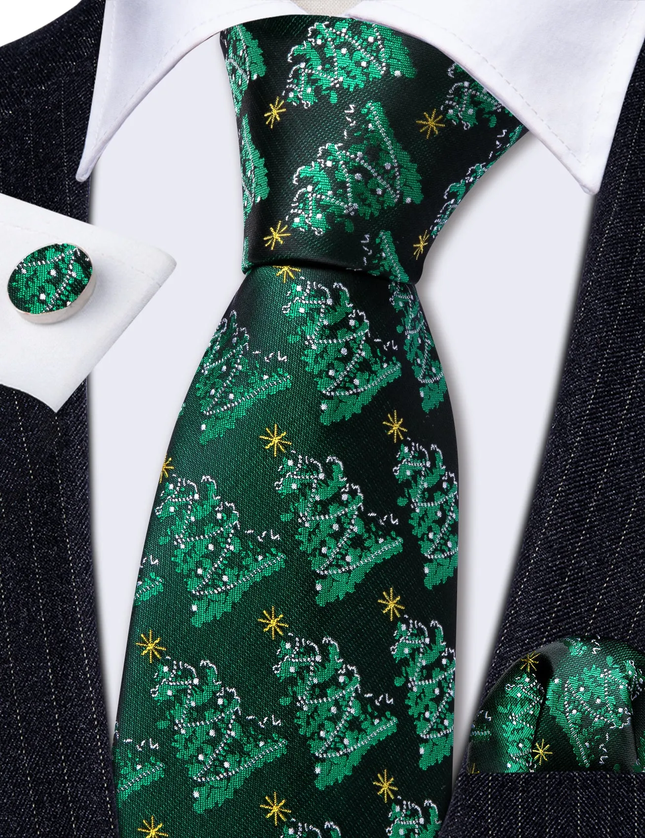 Barry Wang Christmas Tree Green Floral Silk Tie Handkerchief Cufflinks Set sold by Barrywang product image thumbnail 5