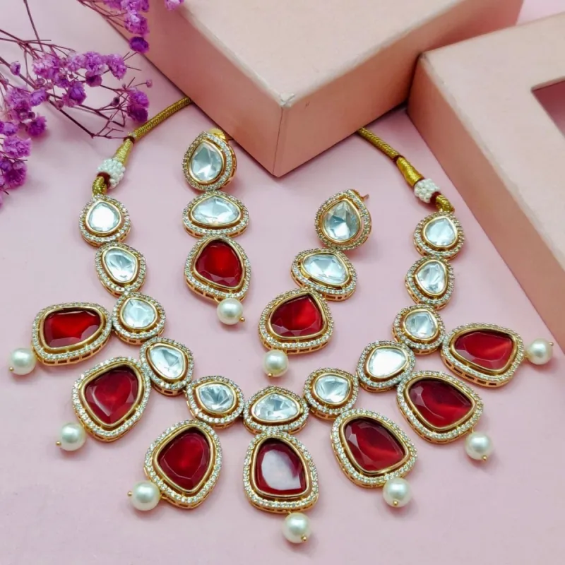 Uncut Kundan Necklace Set in Ruby sold by Blossom Box Jewelry