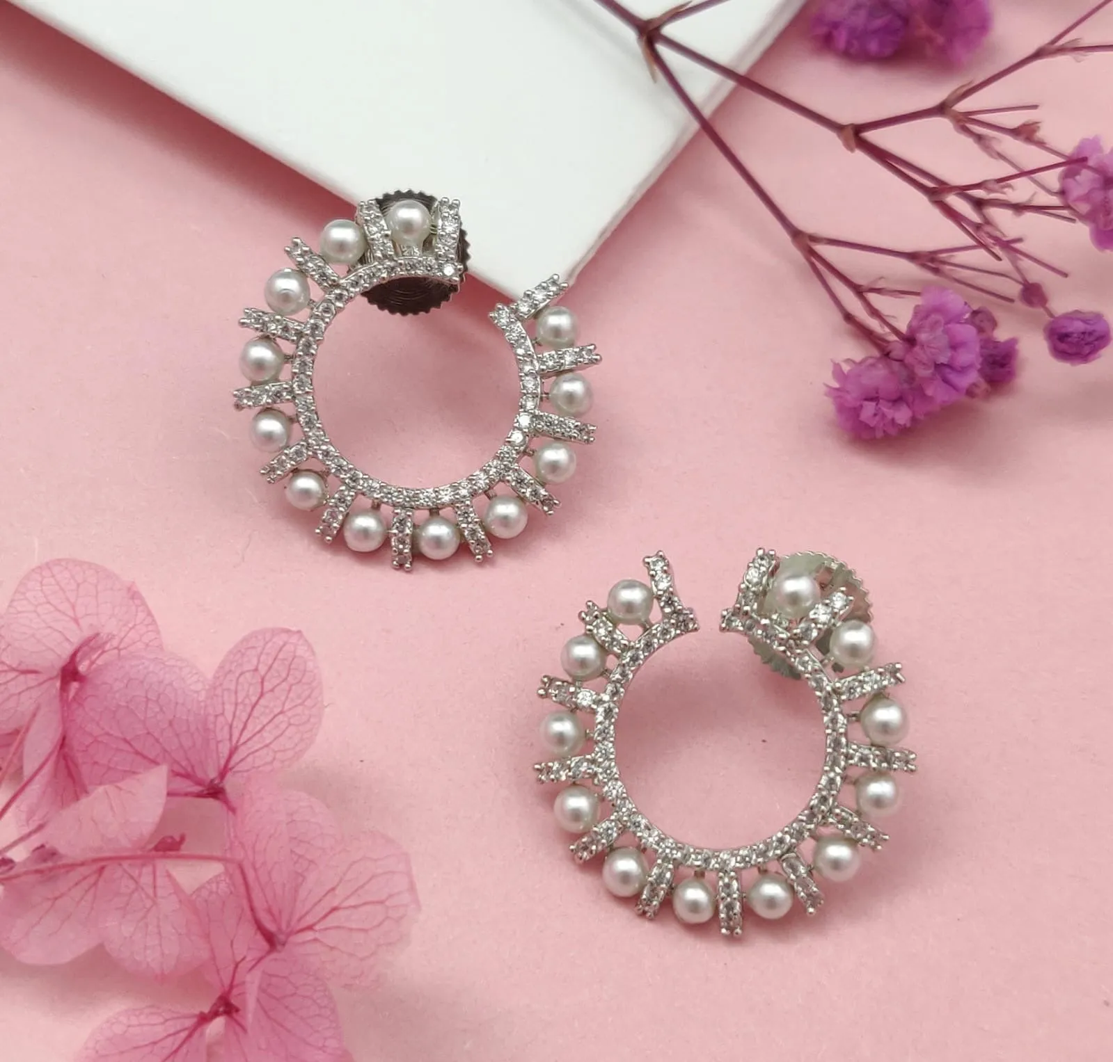 Shea Pearl Earrings in Silver sold by Blossom Box Jewelry