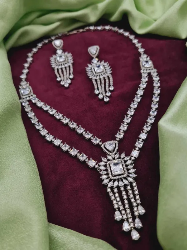 Silver Dhriti AD Layered Necklace Set sold by Blossom Box Jewelry