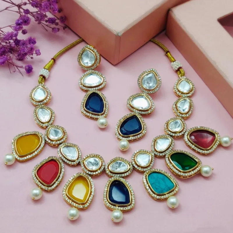 Uncut Kundan Necklace Set in Multi-Color sold by Blossom Box Jewelry