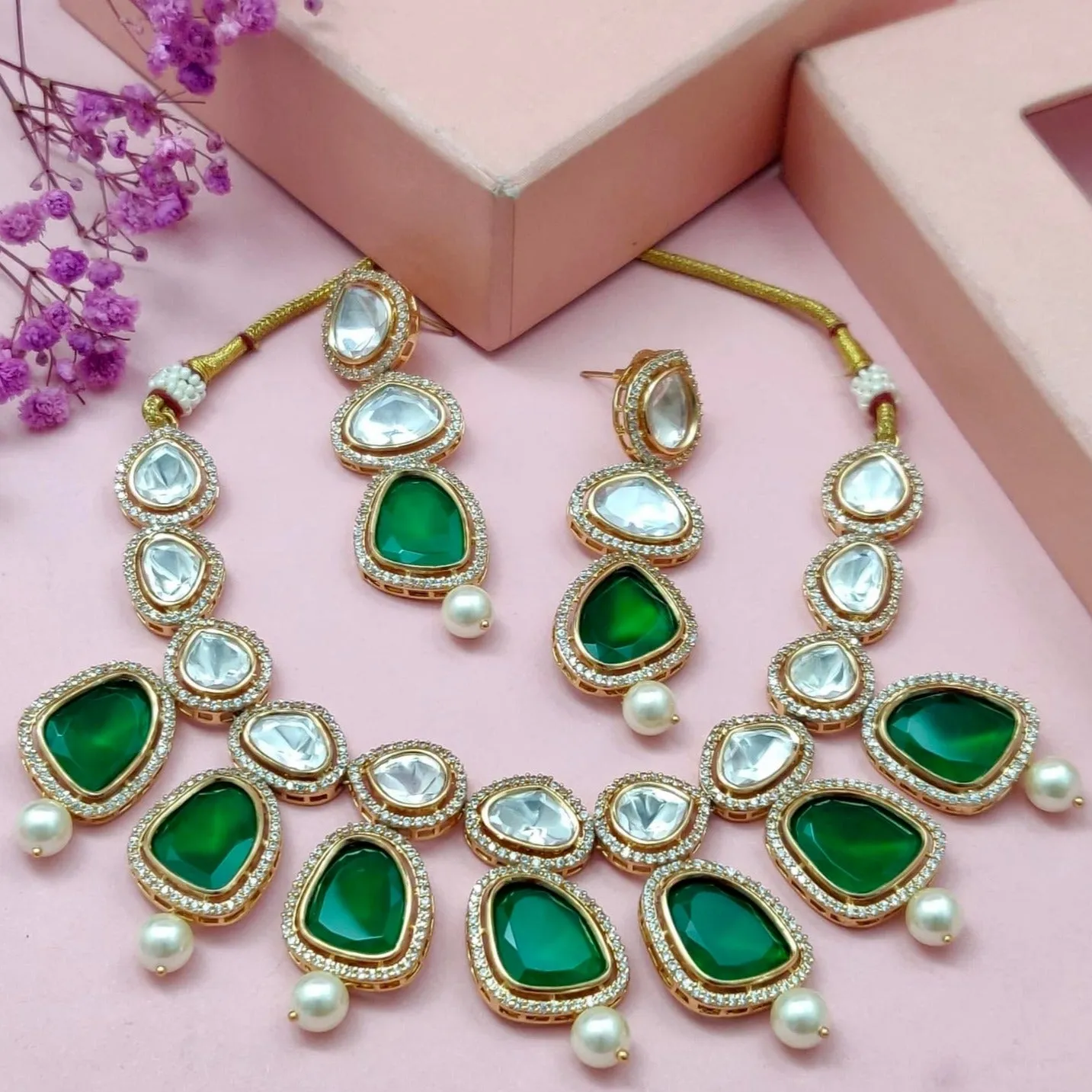 Uncut Kundan Necklace Set in Emerald sold by Blossom Box Jewelry
