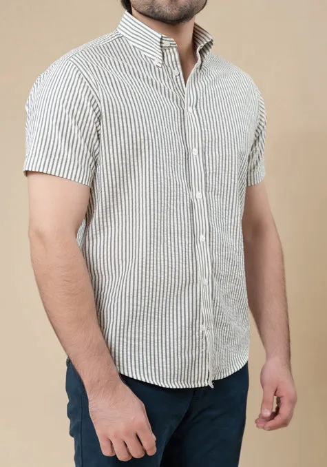 Grey White Seersucker Stripes Shirt - Half Sleeves sold by Brisk Shirts product image thumbnail 5