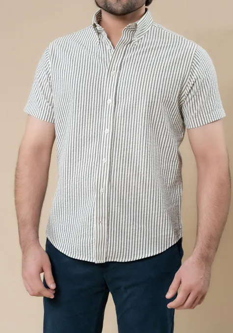 Grey White Seersucker Stripes Shirt - Half Sleeves sold by Brisk Shirts
