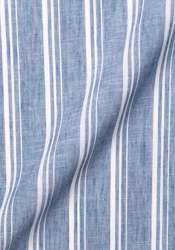 White On Greyish Blue Tencel Cotton Linen Stripes sold by Brisk Shirts