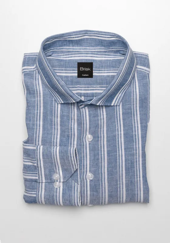 White On Greyish Blue Tencel Linen Stripes Shirt sold by Brisk Shirts