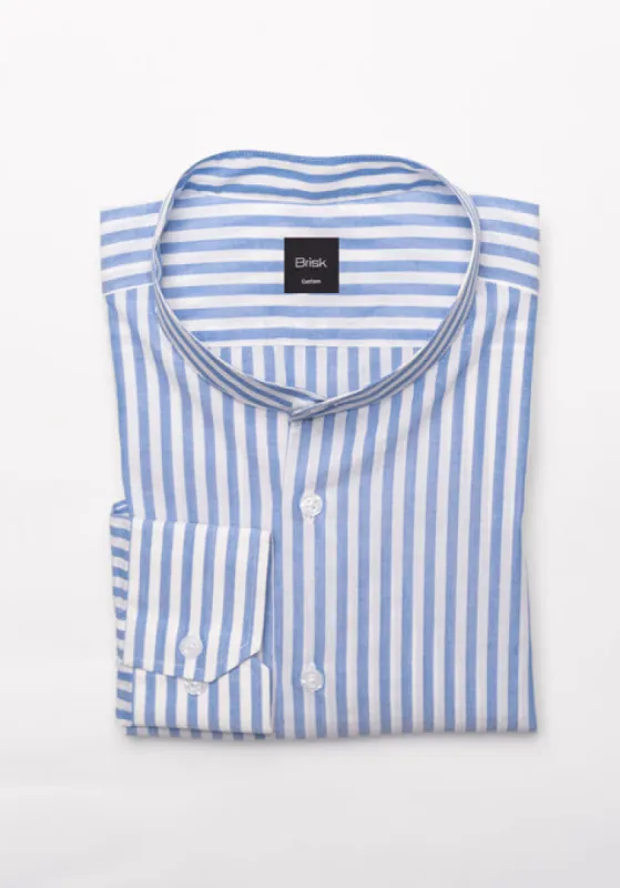 Blueish Grey Cotton Linen Stripes Shirt - Band Collar sold by Brisk Shirts