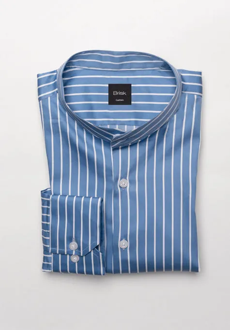 Super Fine Blue Satin Stretch Stripes Shirt - Band Collar sold by Brisk Shirts