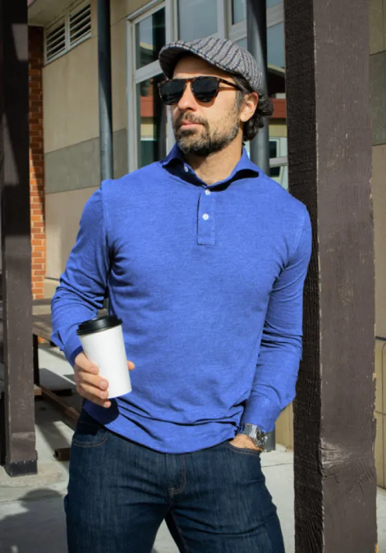 Mid Blue Feather Soft Piqué Full Sleeve Polo Shirt sold by Brisk Shirts